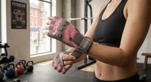 Close-up of a female athlete securing the adjustable hook-and-loop wrist strap on a small gym glove