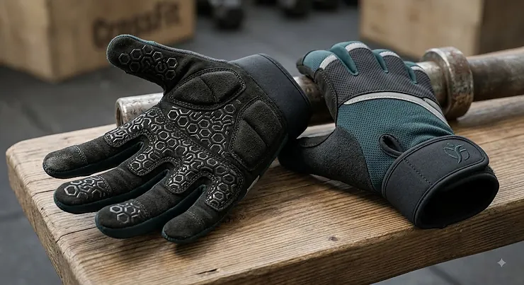 Illustration of women's CrossFit gloves with anti-slip silicone grip and padded palm protection.