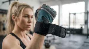 Close-up detail of women's CrossFit workout gloves with integrated adjustable wrist straps for extra support.