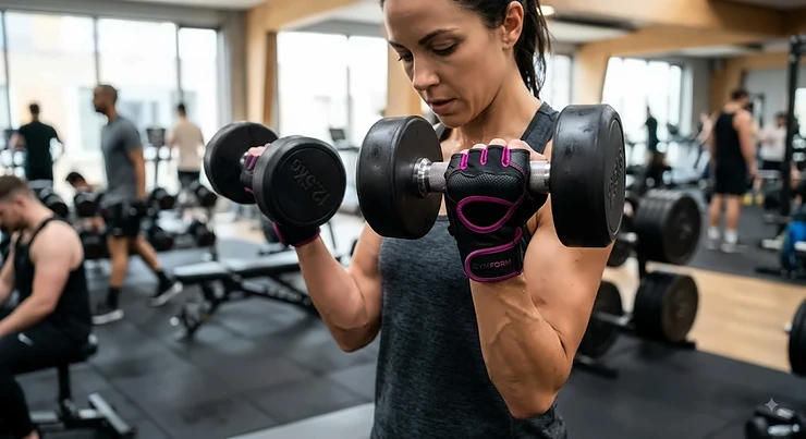 Woman using padded women's gym gloves while lifting dumbbells during a weight training workout