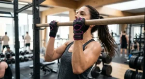 Fitness enthusiast executing pull-ups using textured non-slip women's gym gloves for enhanced grip strength