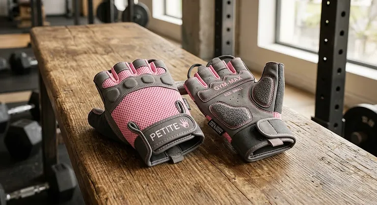 A pair of padded pink and grey women's gym gloves designed for small hands placed on a wooden bench, women's gym gloves for small hands