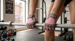 Woman gripping an Olympic barbell during a deadlift wearing anti-slip workout gloves tailored for smaller hands