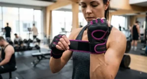 Female weightlifter adjusting adjustable wrist support straps on black women's gym gloves