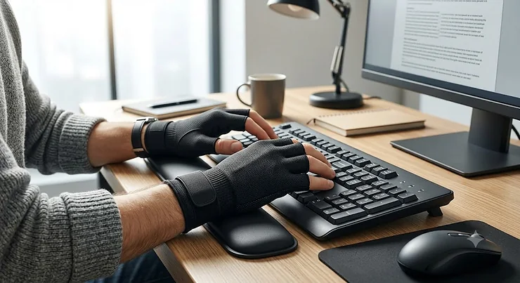 Illustration of a person wearing fingerless wrist support gloves for wrist pain relief while typing at a computer desk.