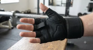 Fingerless weightlifting glove with quick-removal finger pull tabs and reinforced stitching.