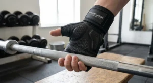 Non-slip silicone grip and gel-padded palm area on wrist support gym gloves for heavy barbell training.