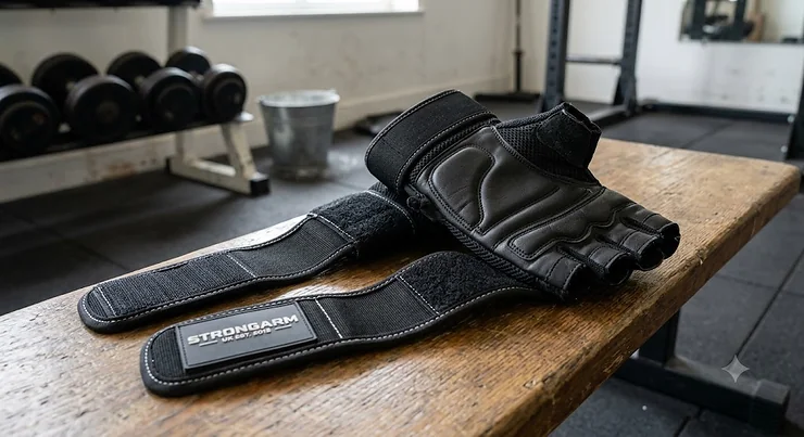 Pair of black padded wrist support gym gloves featuring integrated adjustable wrist wraps for weightlifting.