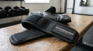 Close-up detail of the extra-wide neoprene wrist strap on a wrist support gym glove designed for joint stabilisation.
