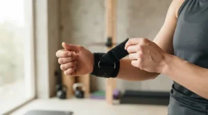 Person fastening the velcro strap of their pull up gloves in a home gym setup