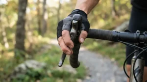Fingers in the best budget MTB gloves operating hydraulic brake levers