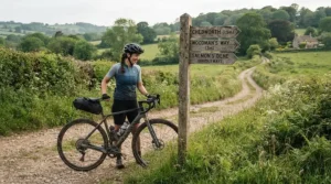 Rider wearing the best budget MTB gloves resting near a trail marker