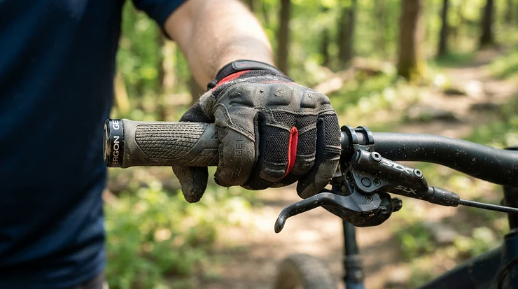 Close-up of grip padding on the best budget MTB gloves holding handlebars
