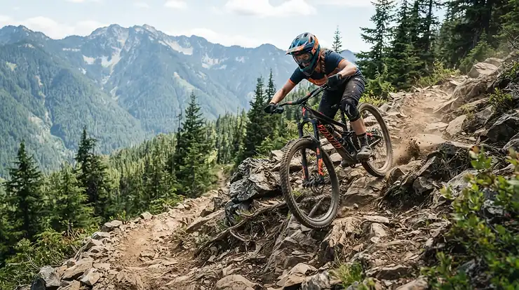 A rider tackling a steep, rocky descent in the Scottish Highlands, wearing the best MTB gloves for downhill.