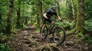 Navigating wet tree roots in an ancient forest path with the best MTB gloves for downhill.
