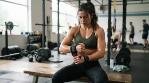 Person adjusting wrist support on black pull up gloves at a fitness centre