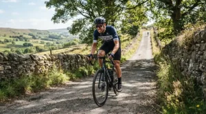 Rider climbing a steep Cotswolds incline in breathable long finger road cycling gloves