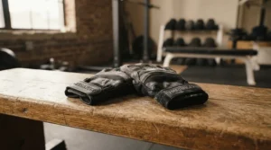 Detailed view of padded pull up gloves resting on a wooden gym bench