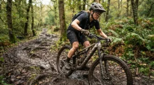 A rider wearing affordable enduro MTB gloves while navigating a muddy British woodland track