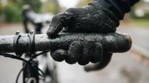 Detailed view of the silicone grip texture on the palm of enduro MTB gloves in wet conditions