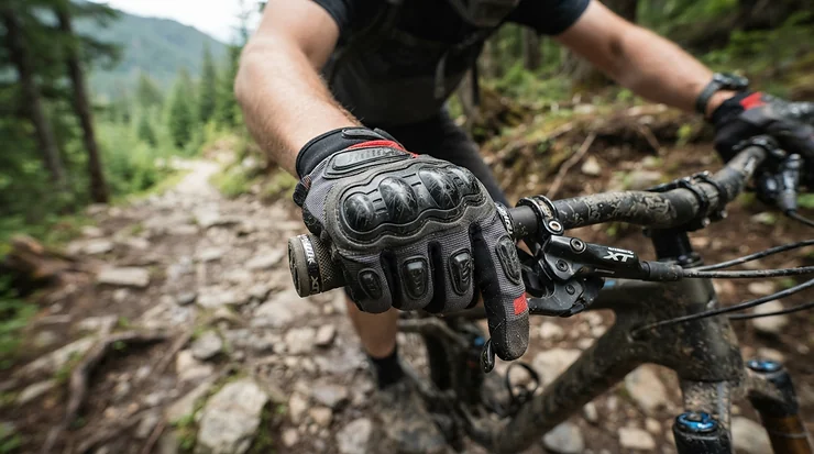 Close-up of enduro MTB gloves featuring reinforced knuckle guards during a steep rocky descent
