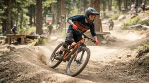 A young rider practicing berm turns wearing junior-sized enduro MTB gloves