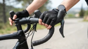 Ergonomic grip provided by padded road cycling gloves on a carbon fibre handlebar