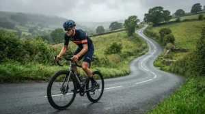 Rider tackling a steep incline wearing finger road gloves with gel padding for extra comfort