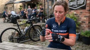 Cyclist pulling off finger road gloves with gel padding using integrated finger pull tabs