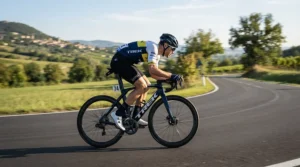 A cyclist wearing finger road gloves with gel padding in an aerodynamic racing tuck position