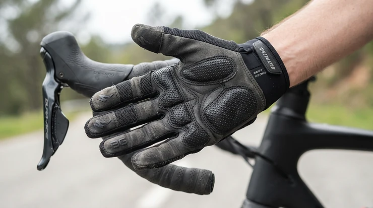 Detailed view of the palm grip on finger road gloves with gel padding showing shock absorption zones