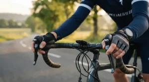 Close-up of finger road gloves with gel padding gripping textured drop handlebars during a morning ride