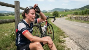 Cyclist using the thumb panel of finger road gloves with gel padding to wipe away sweat