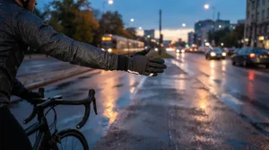 Reflective details on full finger gloves for cold weather MTB during a damp evening commute