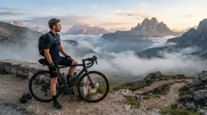 A rider taking a break at a mountain summit wearing full finger gloves for cold weather MTB