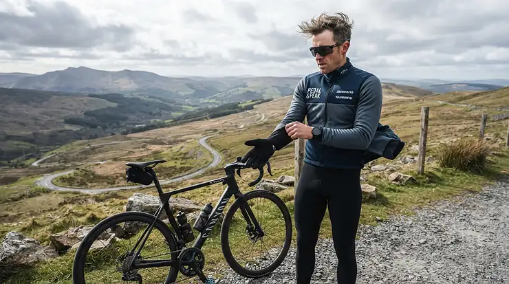 A cyclist facing gale-force winds wearing windproof full finger gloves for cold weather MTB