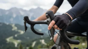 Rider demonstrating precise brake lever feel with lightweight full finger MTB gloves on a steep descent