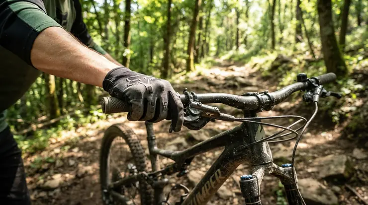Cyclist wearing full finger MTB gloves featuring robust knuckle protection while navigating a rocky woodland trail