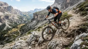 Mountain biker tackling a challenging boulder section wearing breathable full finger MTB gloves