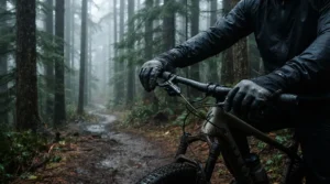 Rider testing the grip of full finger MTB gloves in damp conditions on a forest pathway