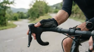Close-up of hands gripping handlebars wearing padded road cycling gloves designed to prevent hand fatigue