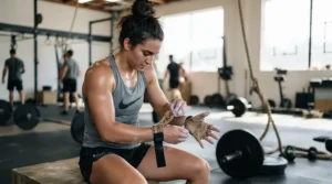 Athlete putting on leather pull up gloves before a high-intensity workout session