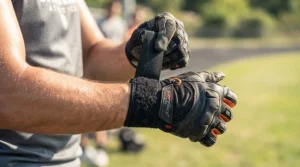 A cyclist checking the wrist Velcro fastening on their road cycling gloves for beginners prior to a sportive.