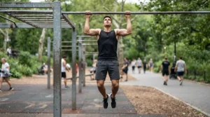 Woman hanging from a pull-up bar wearing specialised pull up gloves for extra grip