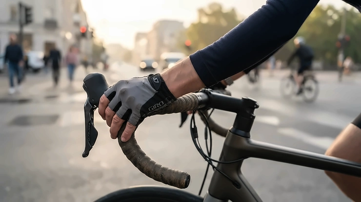 Close-up of lightweight long finger road cycling gloves gripping drop handlebars during a London morning commute