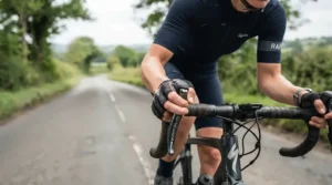 Man wearing breathable road cycling gloves gripping drop handlebars on a British country lane