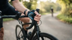 Close-up of hands wearing padded gloves for wrist pain cycling on drop handlebars to ease carpal tunnel