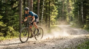 Gravel rider benefiting from padded gloves for wrist pain cycling on rough terrain