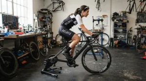 Professional bike fit showing hand posture in padded gloves for wrist pain cycling