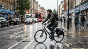 Cyclist wearing padded gloves for wrist pain cycling while navigating a rainy city street
